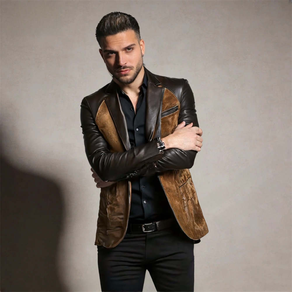 Men’s Leather Patchwork Suede Jacket – Slim Fit