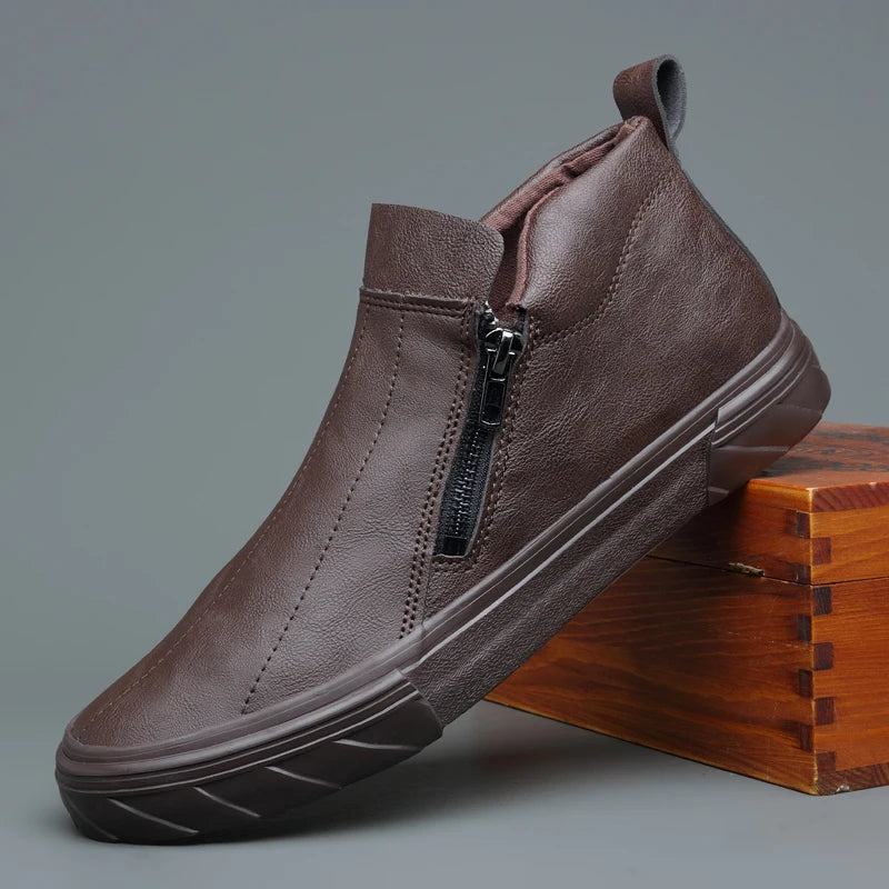Men's Leather Boots – Casual Double Zipper Plush High-Top Slip-On Shoes