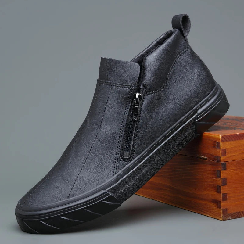 Men's Leather Boots – Casual Double Zipper Plush High-Top Slip-On Shoes