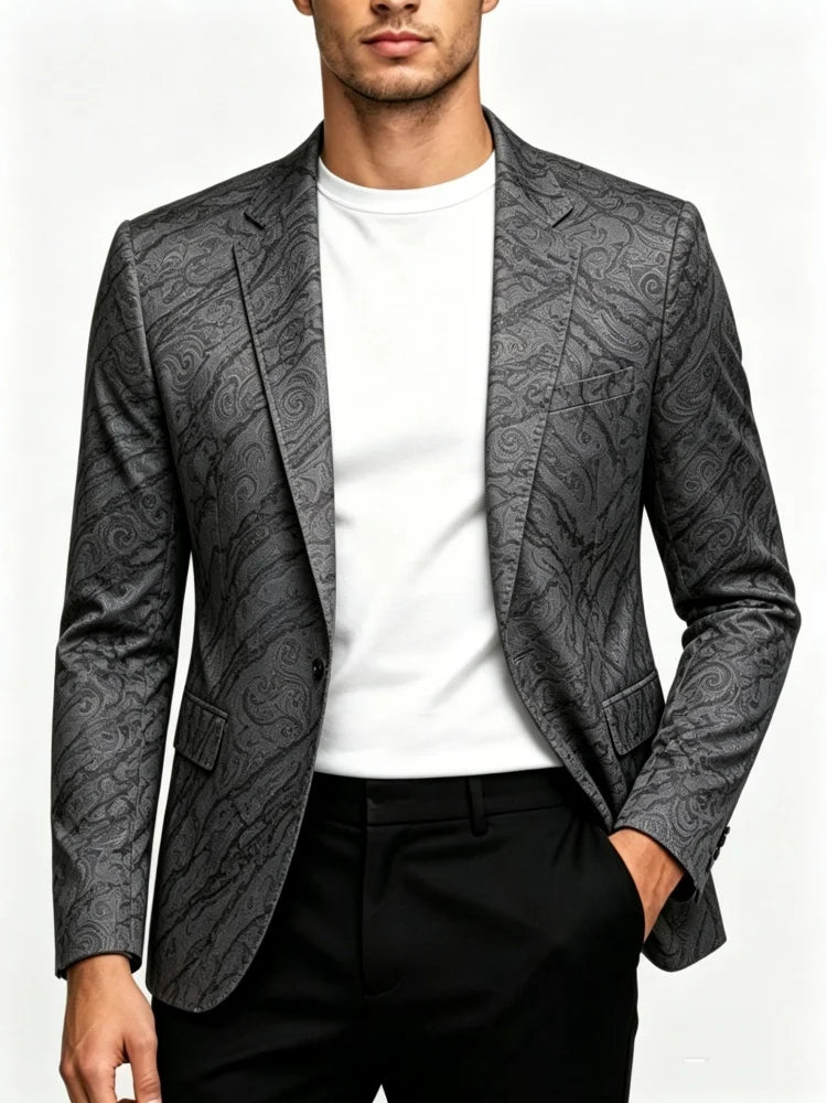 Men’s Retro Check Blazer – One Button Slim Fit Small Square Pattern Printed Jacket