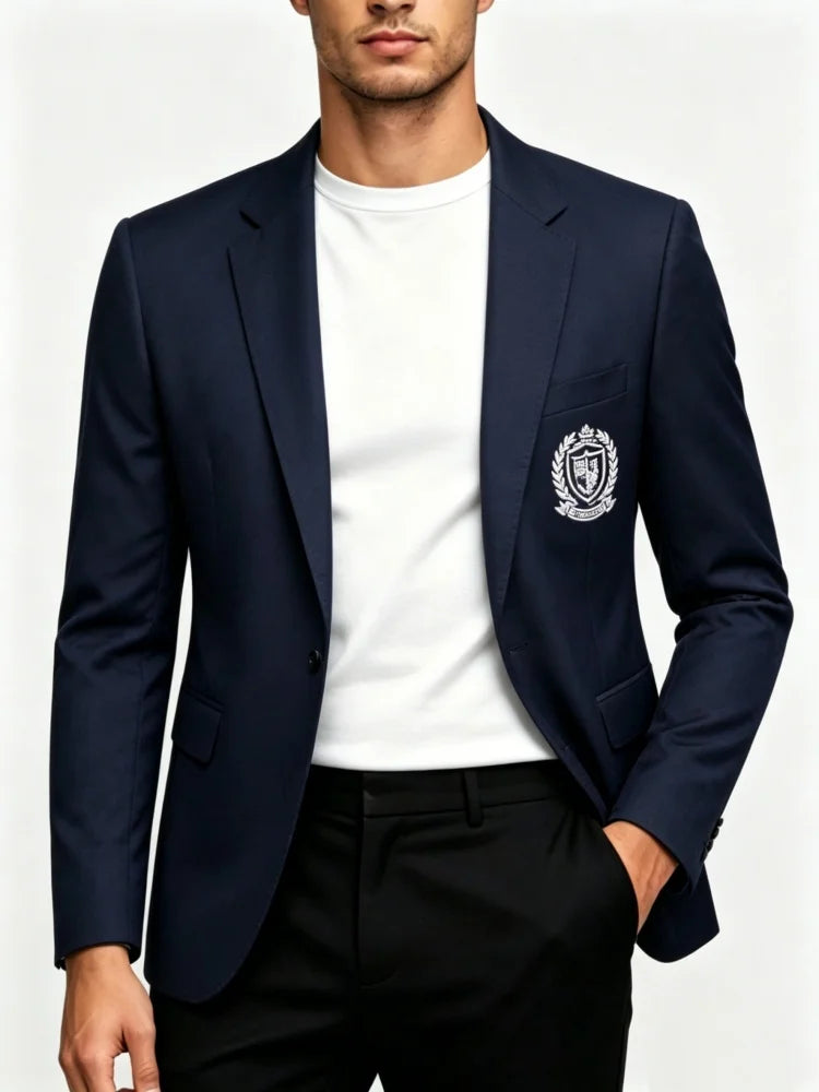 Men's One-Button Navy Blue Badge Blazer