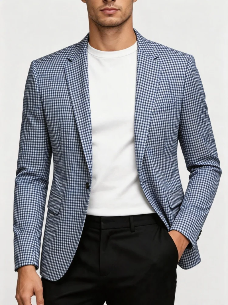 Men’s Retro Check Blazer – One Button Slim Fit Small Square Pattern Printed Jacket