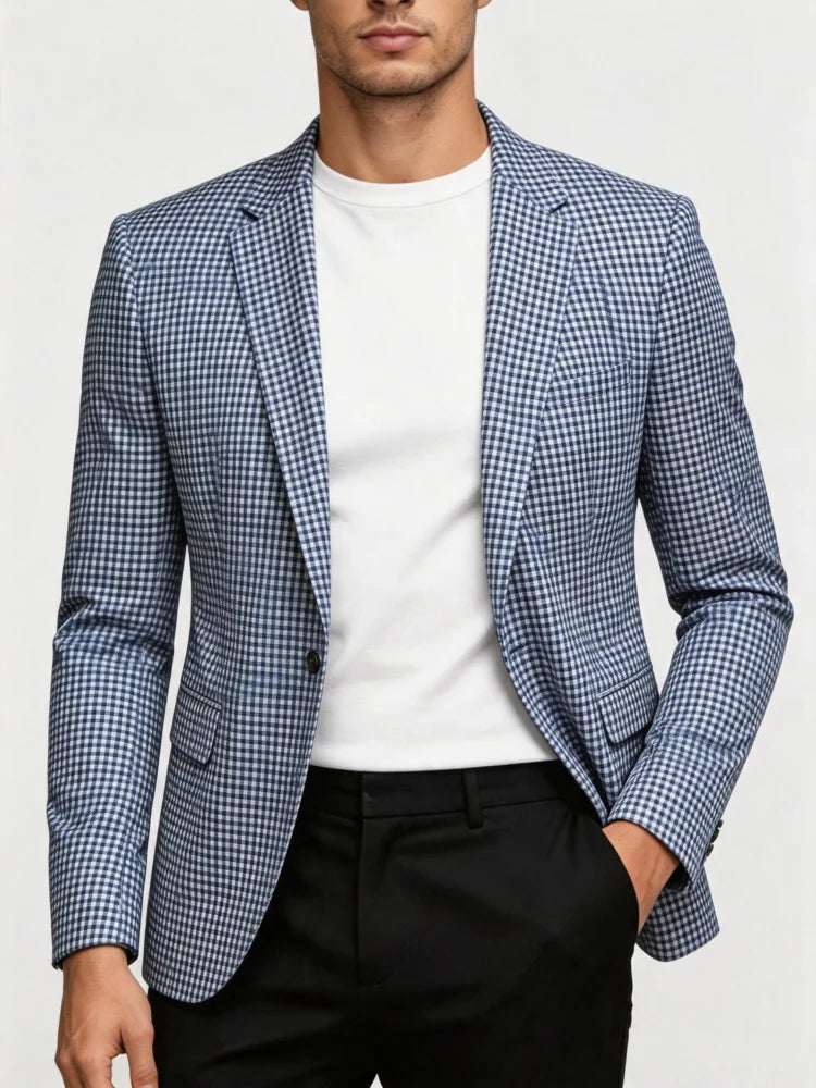 Men's Retro Check Blazer – One Button Slim-Fit Notched Collar Jacket