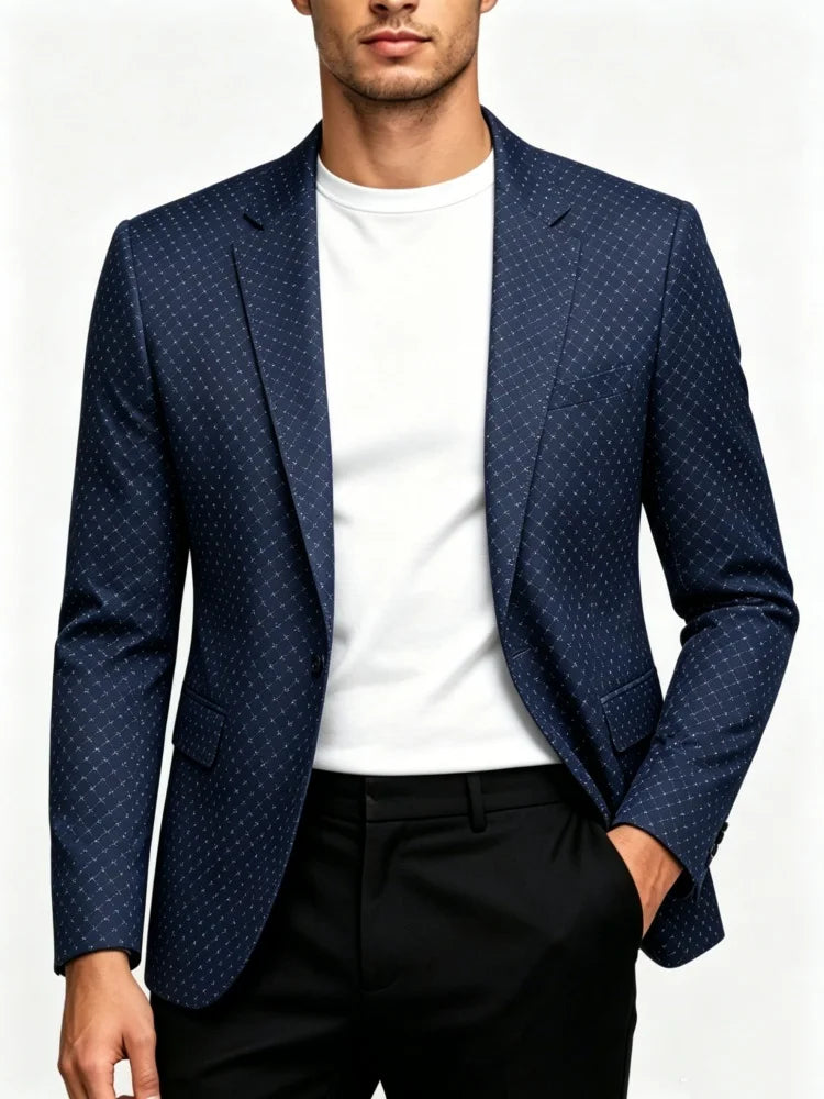 Men’s Retro Check Blazer – One Button Slim Fit Small Square Pattern Printed Jacket