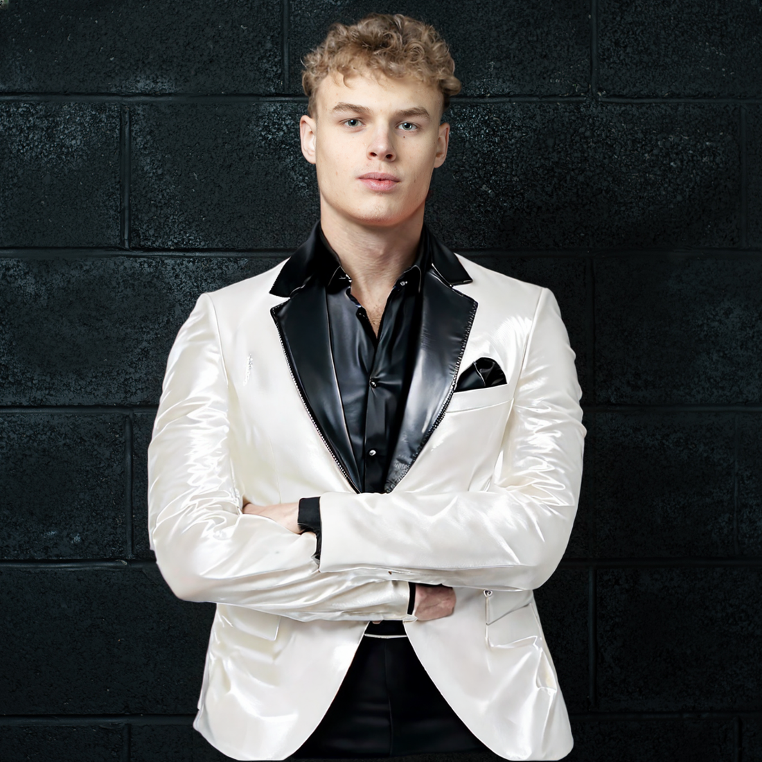 Men's Shiny Patent Leather Blazer – Contrast Notch Lapel Two-Button Suit Jacket