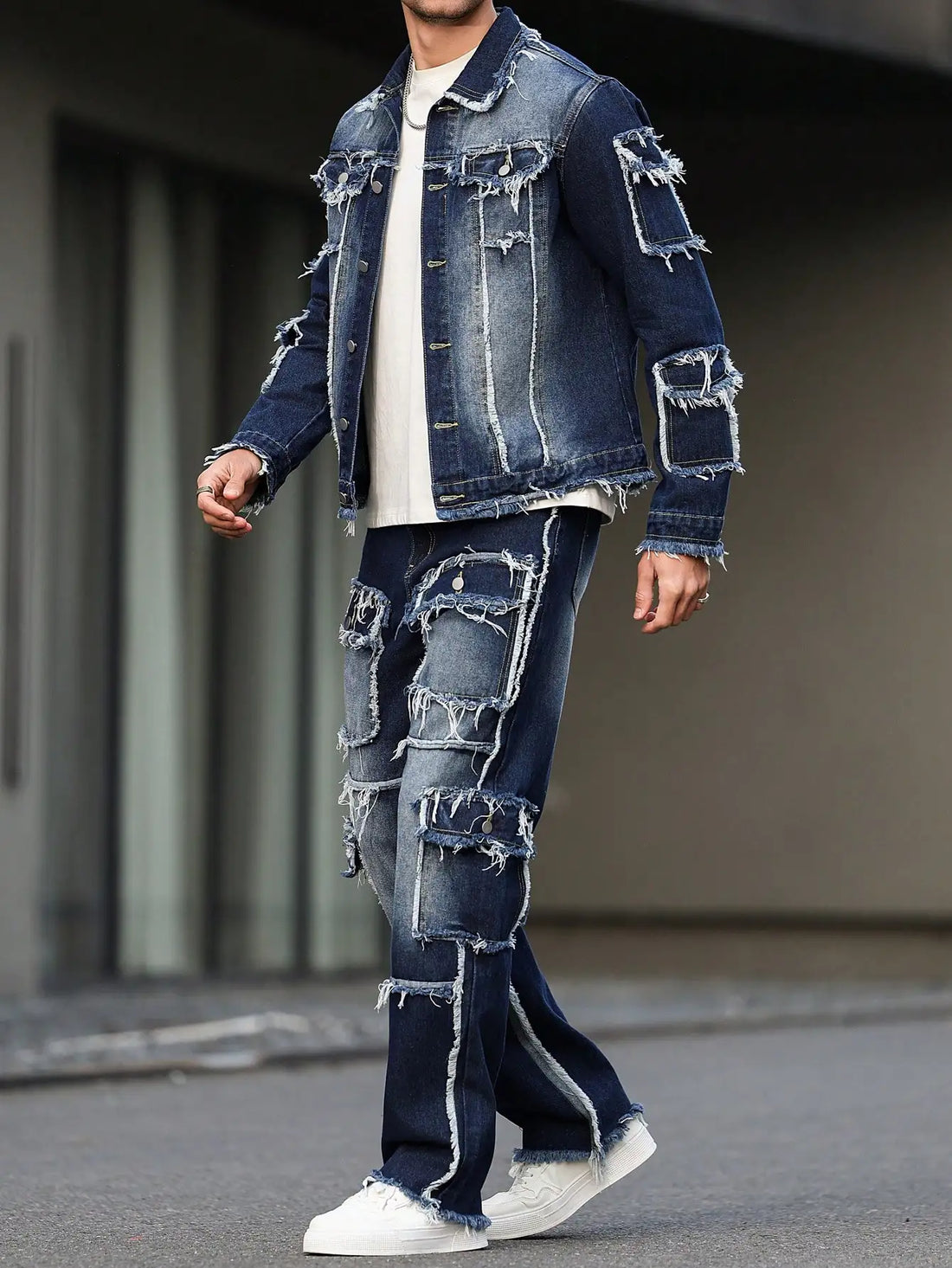 Men's Spring Autumn Denim Suit – Multi-Pocket Jacket & Wide-Leg Jeans