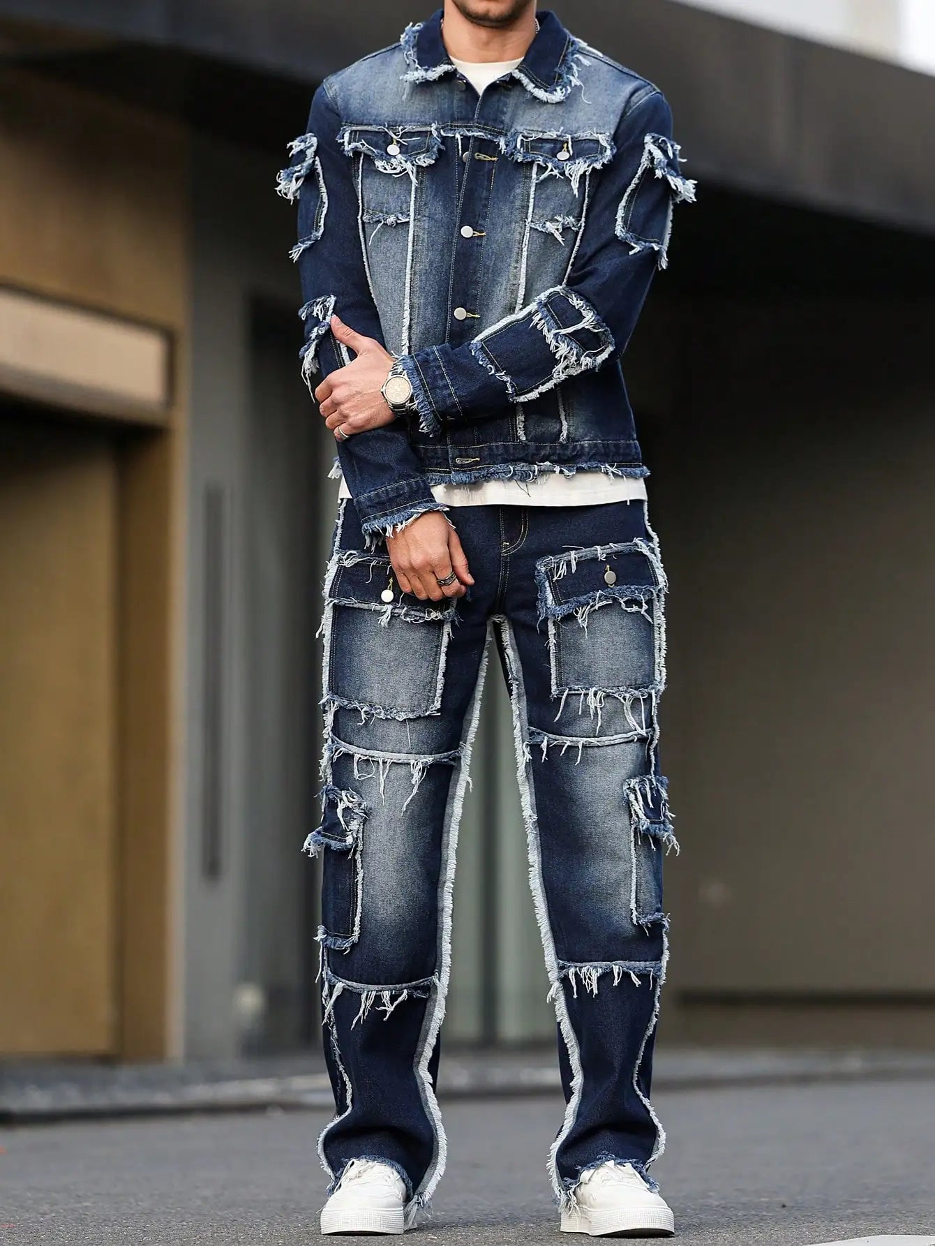 Men's Spring Autumn Denim Suit – Multi-Pocket Jacket & Wide-Leg Jeans