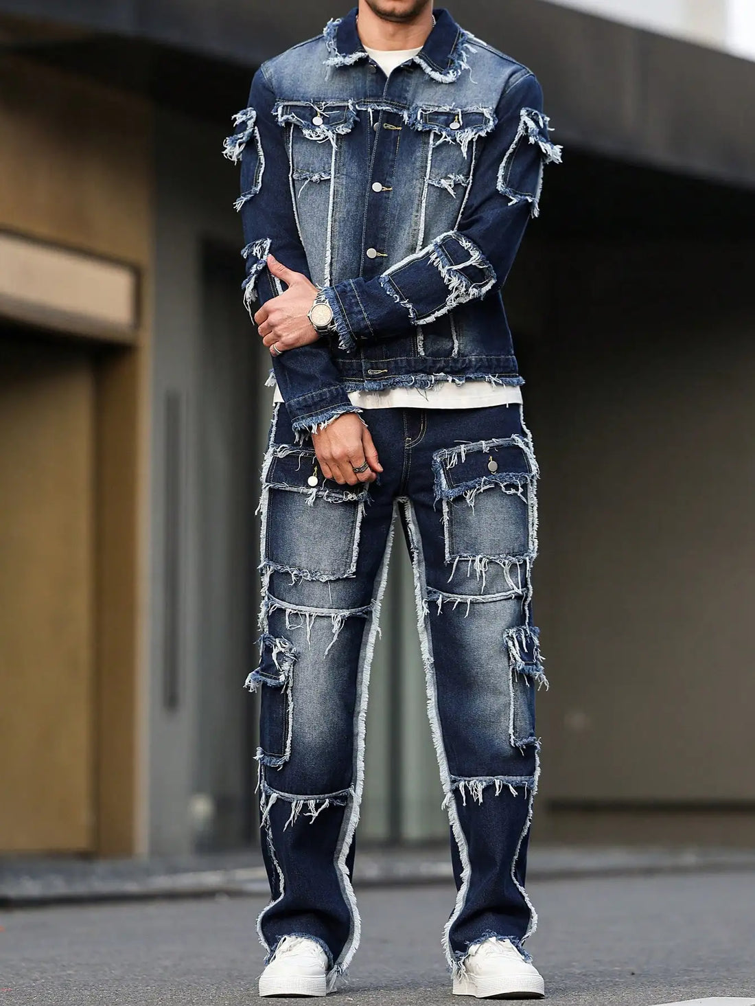 Men's Spring Autumn Denim Suit – Multi-Pocket Jacket & Wide-Leg Jeans