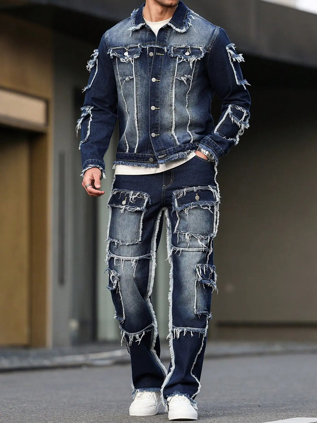 Men's Spring Autumn Denim Suit – Multi-Pocket Jacket & Wide-Leg Jeans