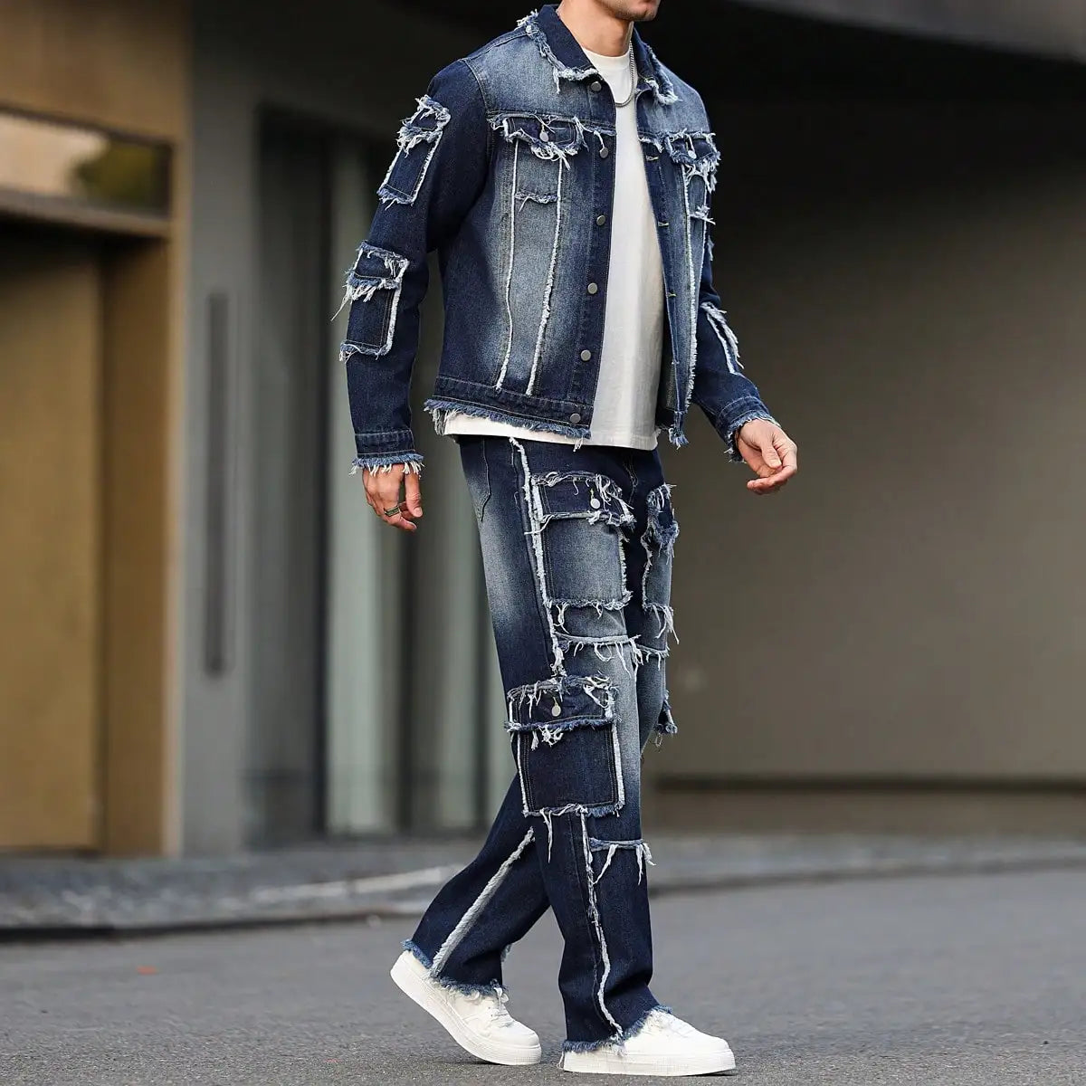 Men's Spring Autumn Denim Suit – Multi-Pocket Jacket & Wide-Leg Jeans