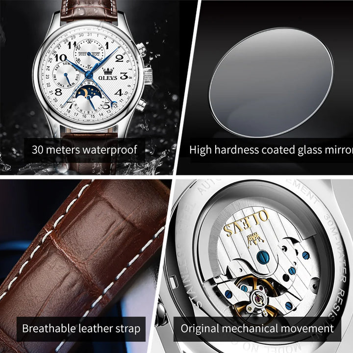 Men's Luxury Automatic Moon Phase Watch – Seven-Hand Mechanical Dress Watch