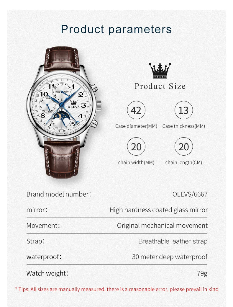 Men's Luxury Automatic Moon Phase Watch – Seven-Hand Mechanical Dress Watch