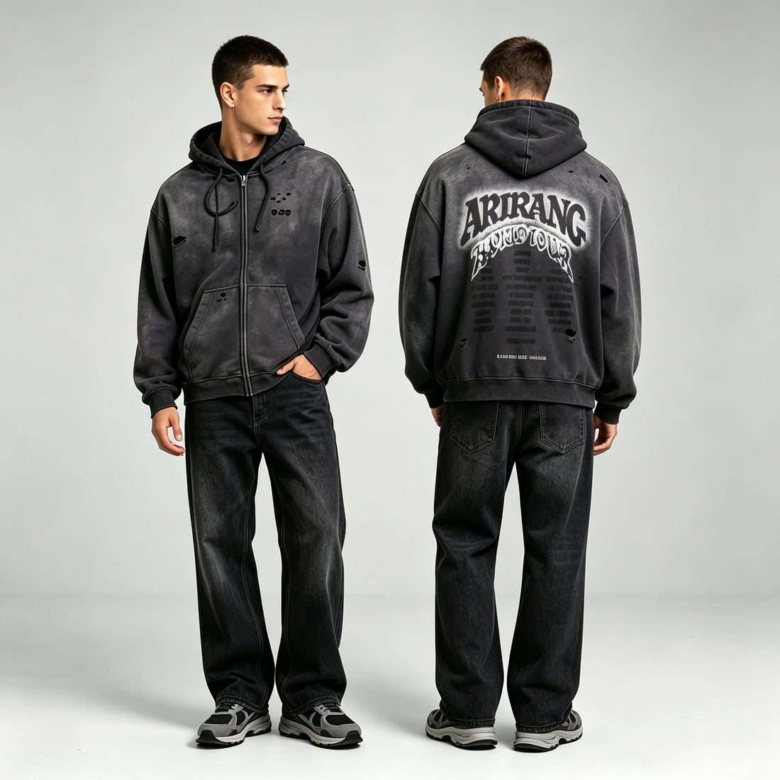 Men’s Retro Washed Grey Hoodie Zipper Jacket – Casual Sports Streetwear