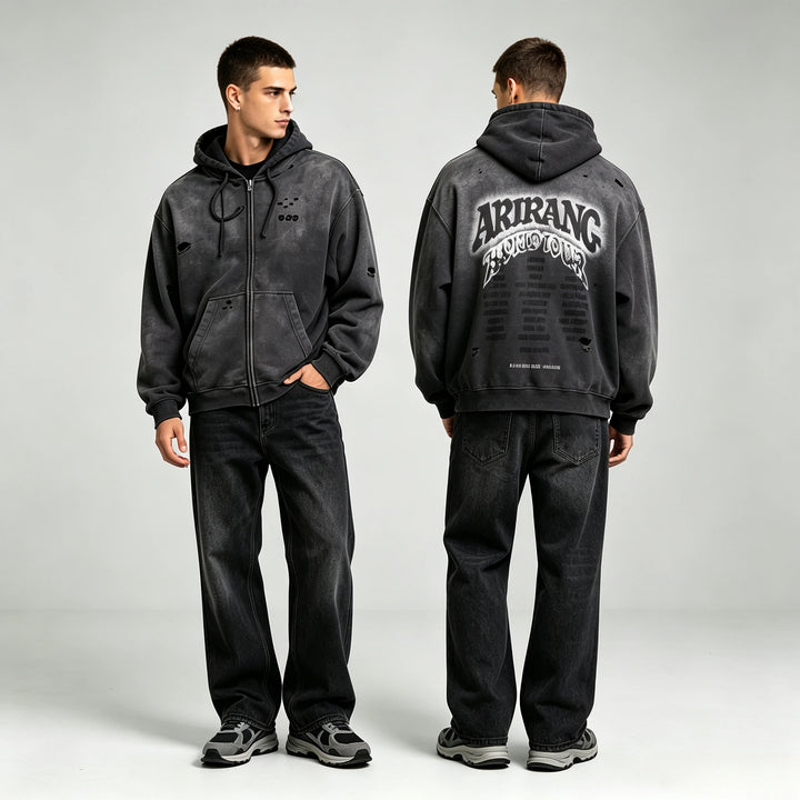 Men’s Retro Washed Grey Hoodie Zipper Jacket – Casual Sports Streetwear