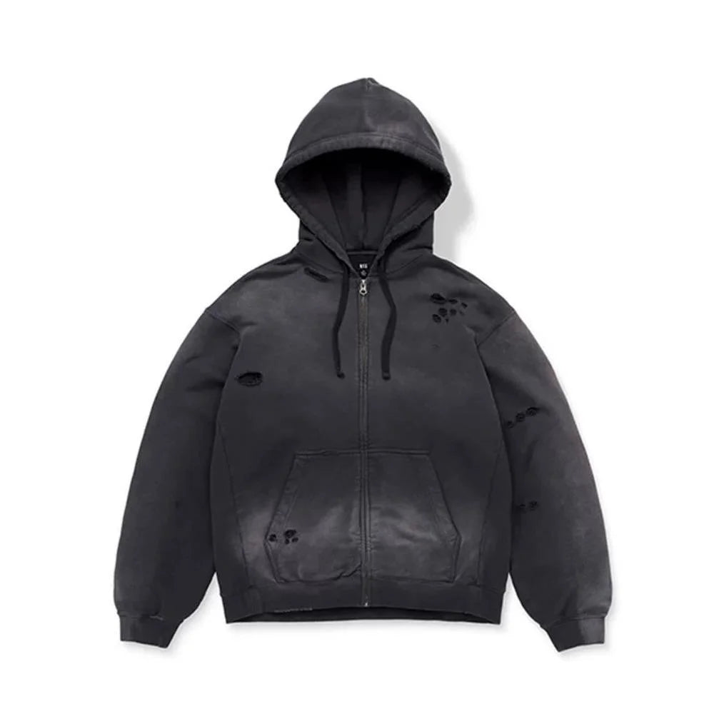 Men’s Retro Washed Grey Hoodie Zipper Jacket – Casual Sports Streetwear