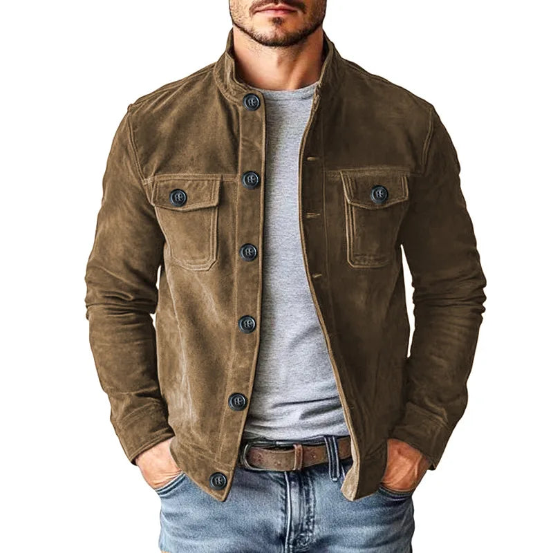 Men’s Vintage Brown Faux Suede Jacket – Stand Collar Button-Up Casual Coat