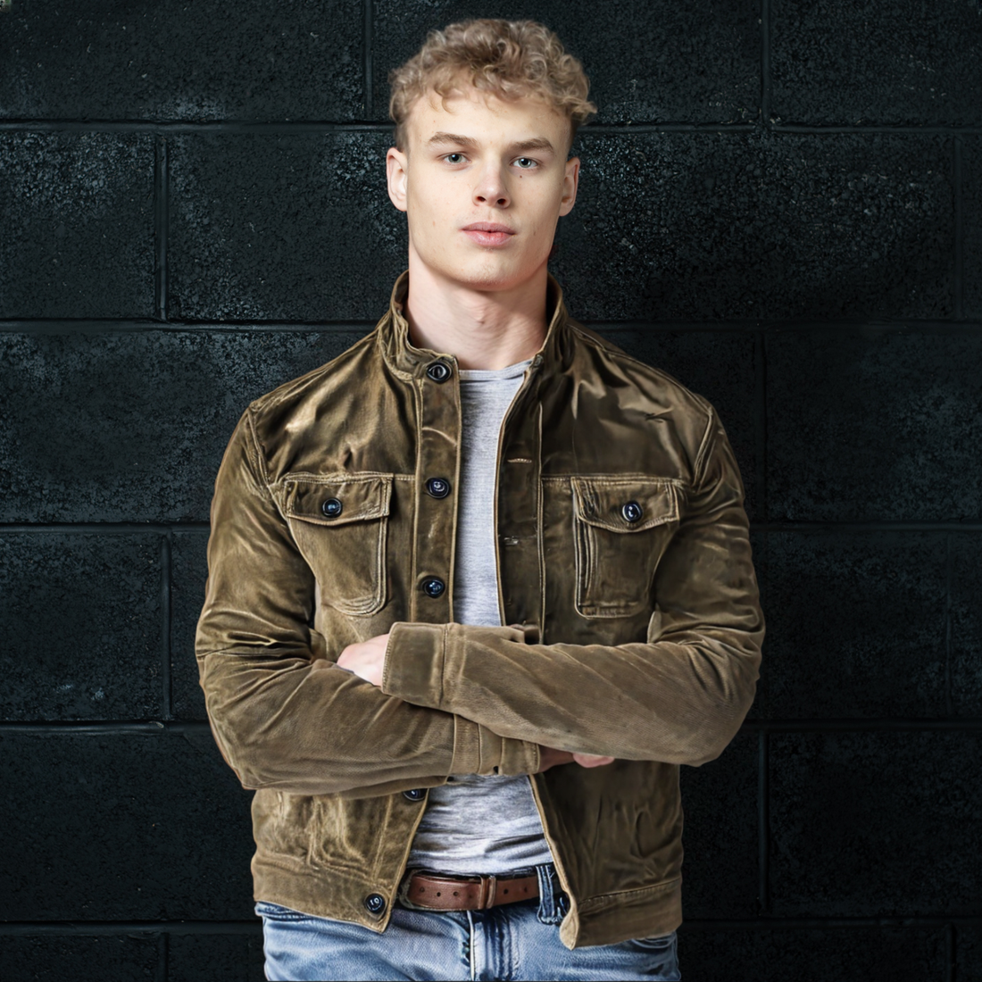 Men’s Vintage Brown Faux Suede Jacket – Stand Collar Button-Up Casual Coat