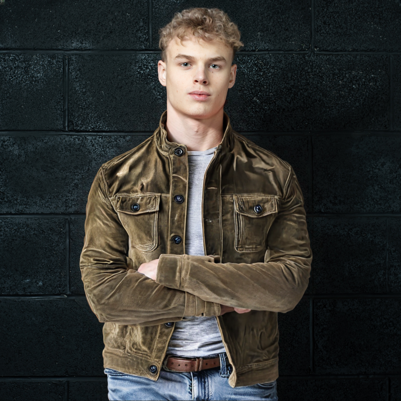 Men’s Vintage Brown Faux Suede Jacket – Stand Collar Button-Up Casual Coat