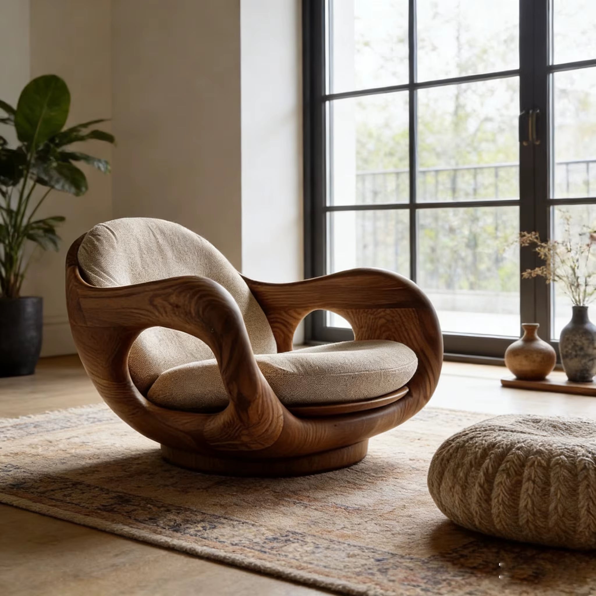 Mid-Century Curved Solid Wood Leisure Chair – Rotating Luxury Accent Seat