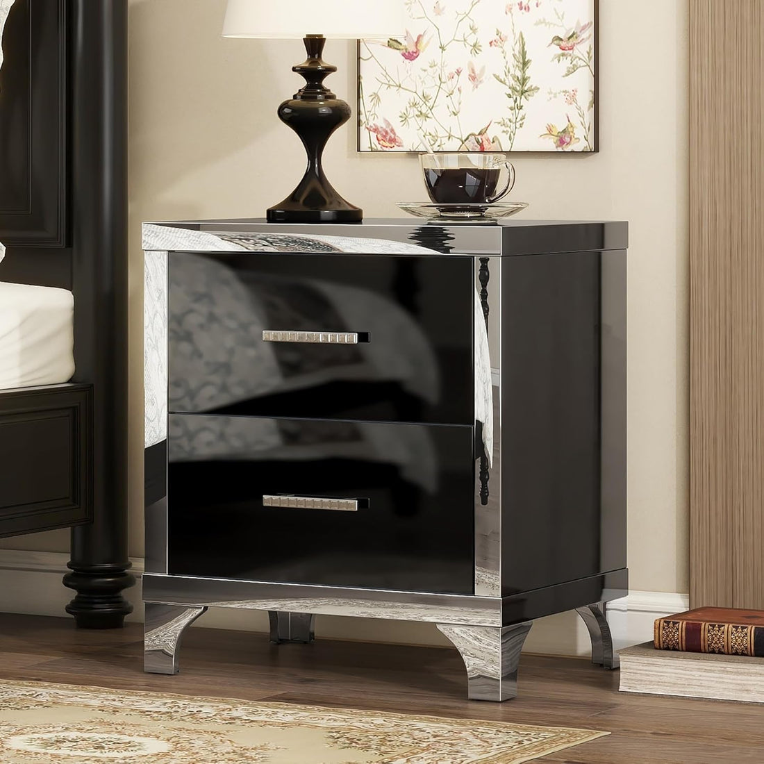 New Mirrored 2-Drawer Nightstand – High Gloss Black Finish with Metal Handles