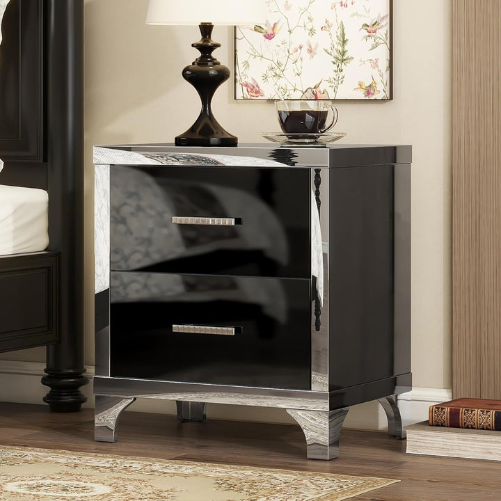 New Mirrored 2-Drawer Nightstand – High Gloss Black Finish with Metal Handles