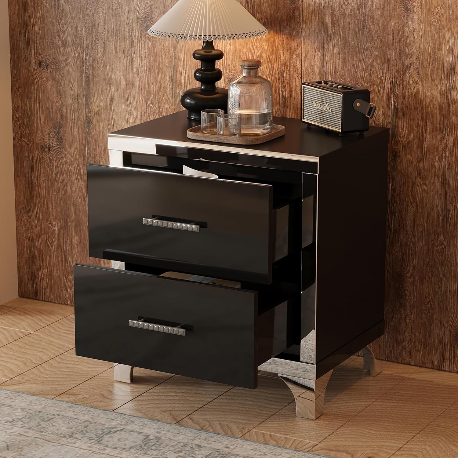 New Mirrored 2-Drawer Nightstand – High Gloss Black Finish with Metal Handles