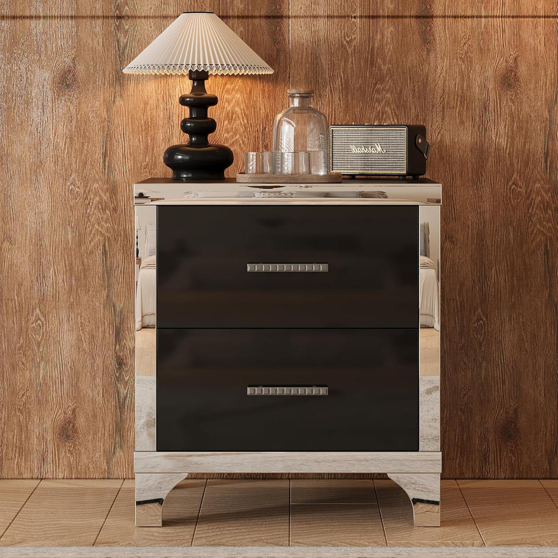 New Mirrored 2-Drawer Nightstand – High Gloss Black Finish with Metal Handles