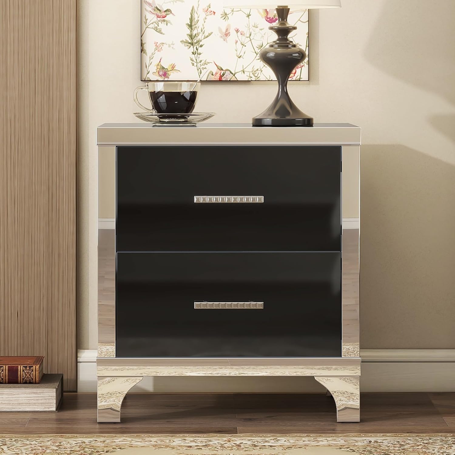 Modern nightstand with two drawers in a room setting