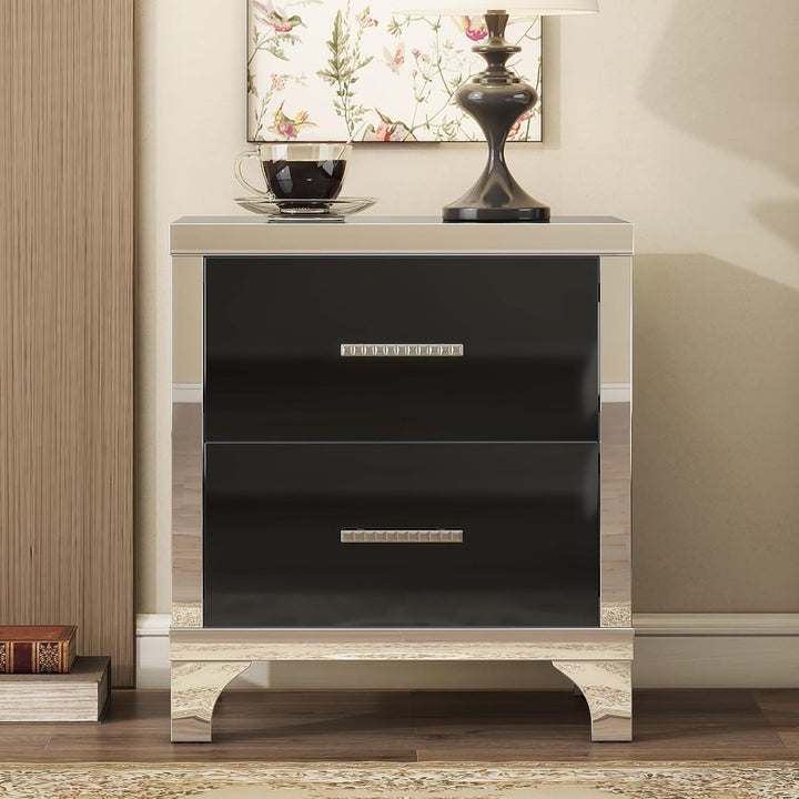 Modern nightstand with two drawers in a room setting
