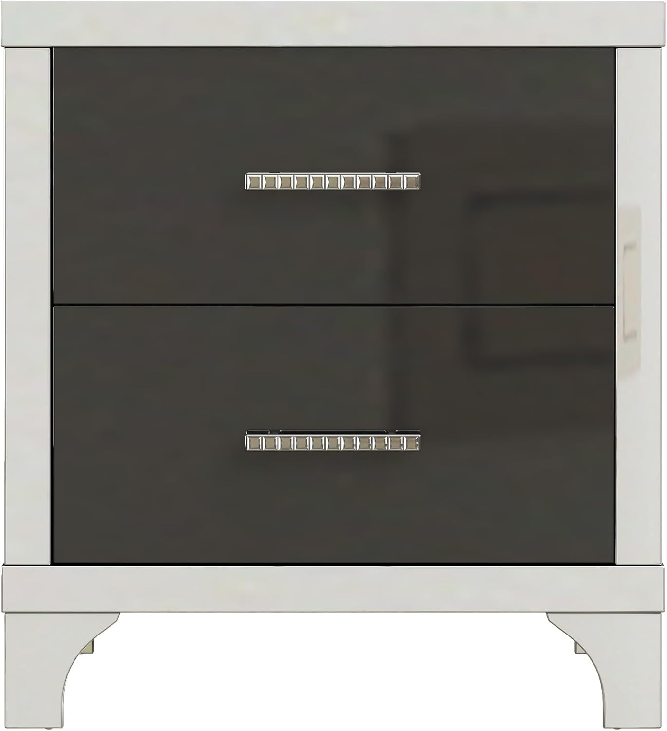 New Mirrored 2-Drawer Nightstand – High Gloss Black Finish with Metal Handles