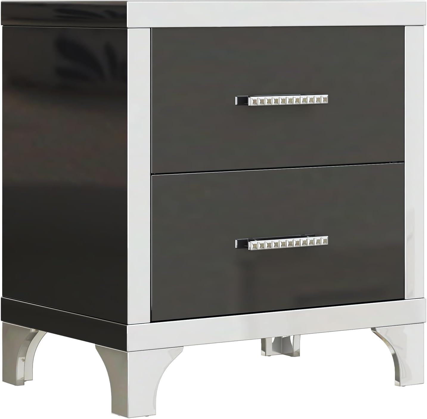 New Mirrored 2-Drawer Nightstand – High Gloss Black Finish with Metal Handles