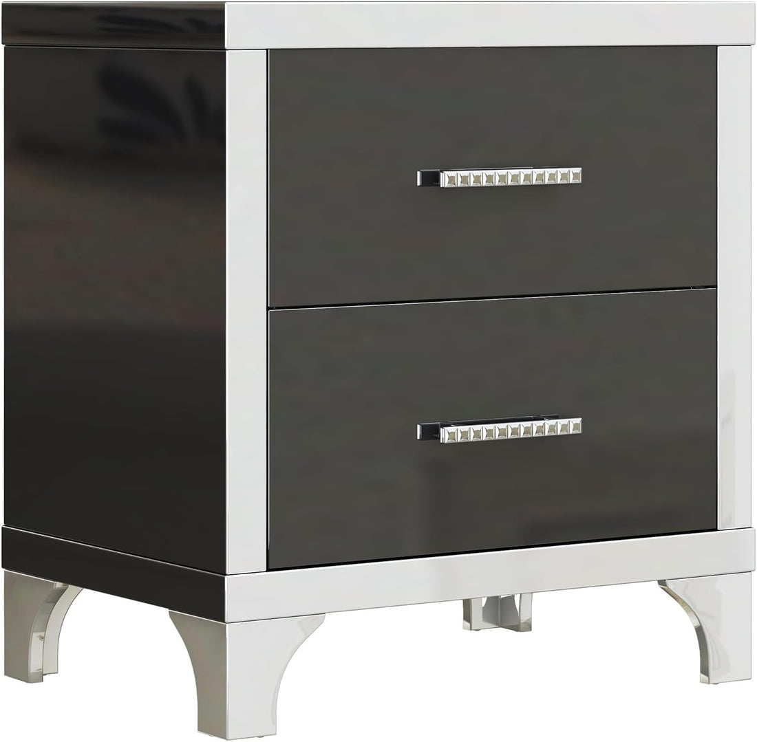 New Mirrored 2-Drawer Nightstand – High Gloss Black Finish with Metal Handles