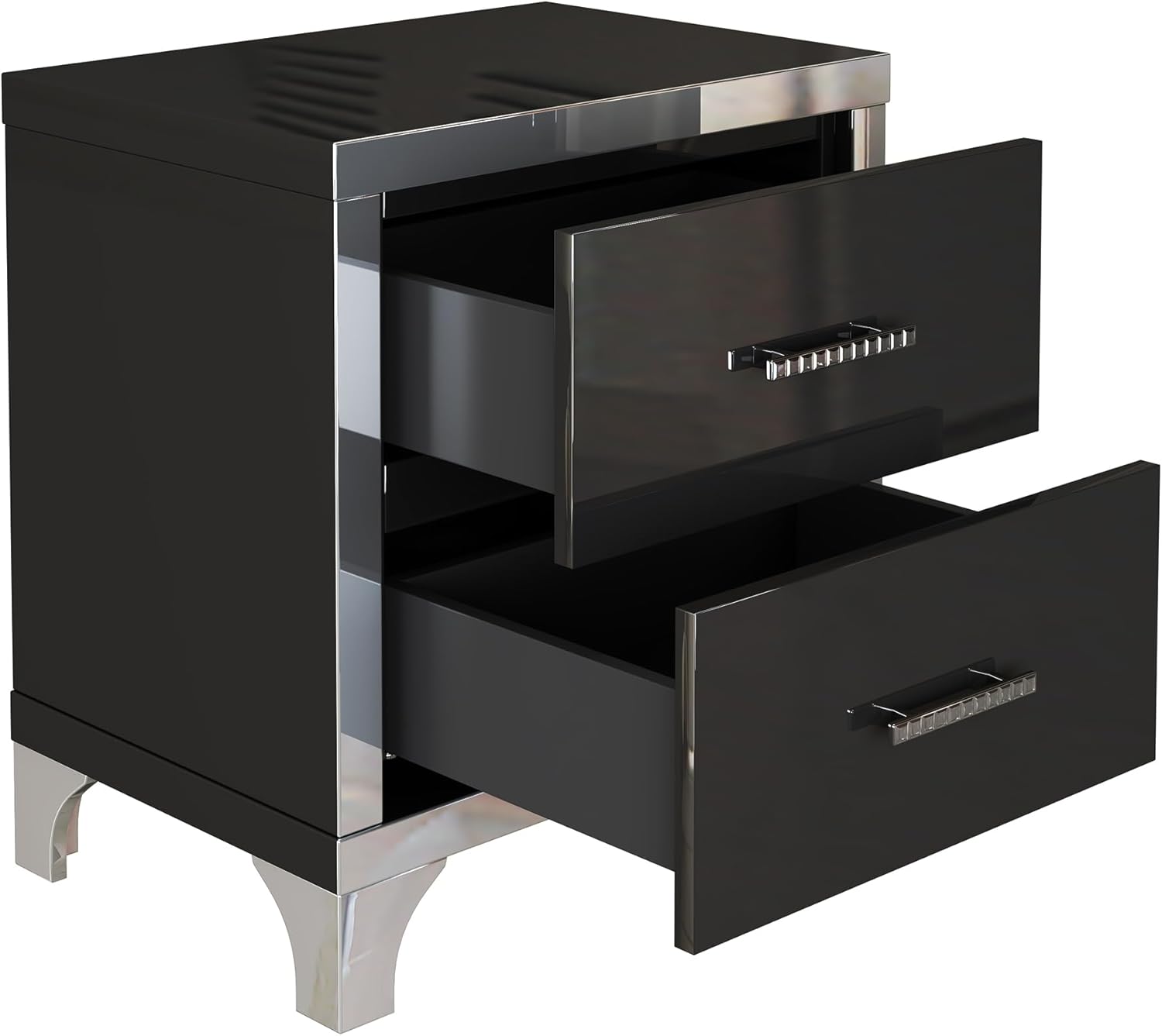 New Mirrored 2-Drawer Nightstand – High Gloss Black Finish with Metal Handles
