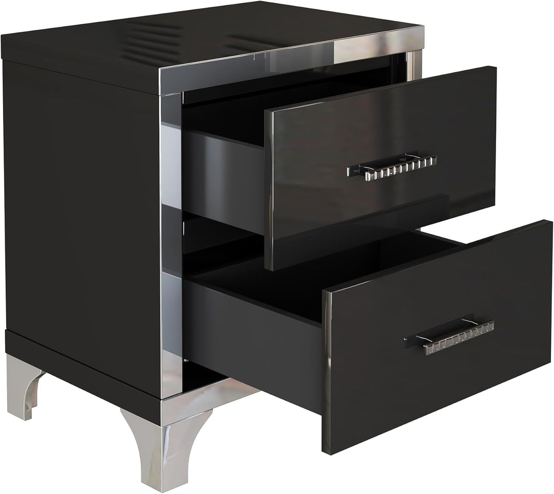 New Mirrored 2-Drawer Nightstand – High Gloss Black Finish with Metal Handles