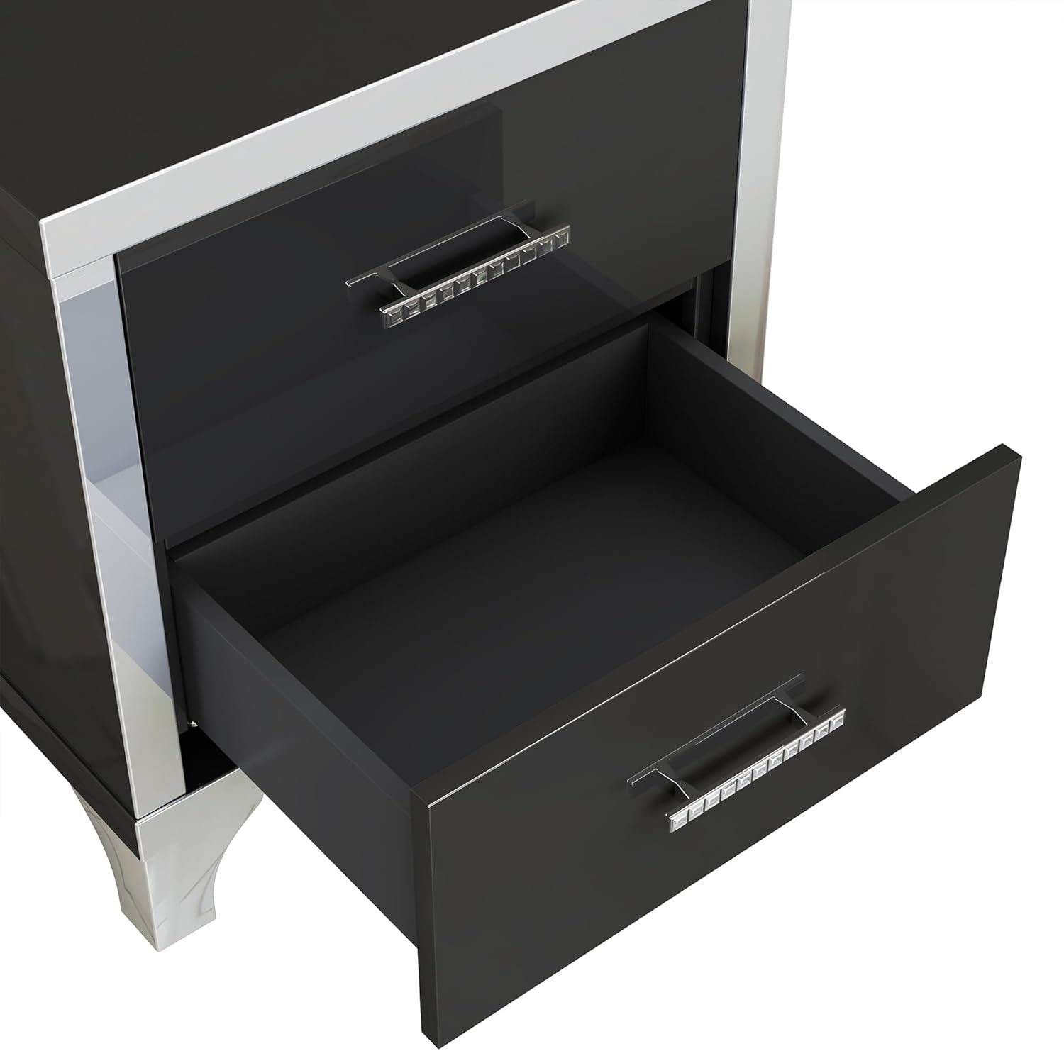 New Mirrored 2-Drawer Nightstand – High Gloss Black Finish with Metal Handles