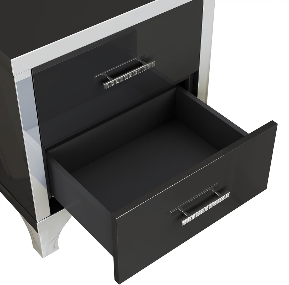 New Mirrored 2-Drawer Nightstand – High Gloss Black Finish with Metal Handles