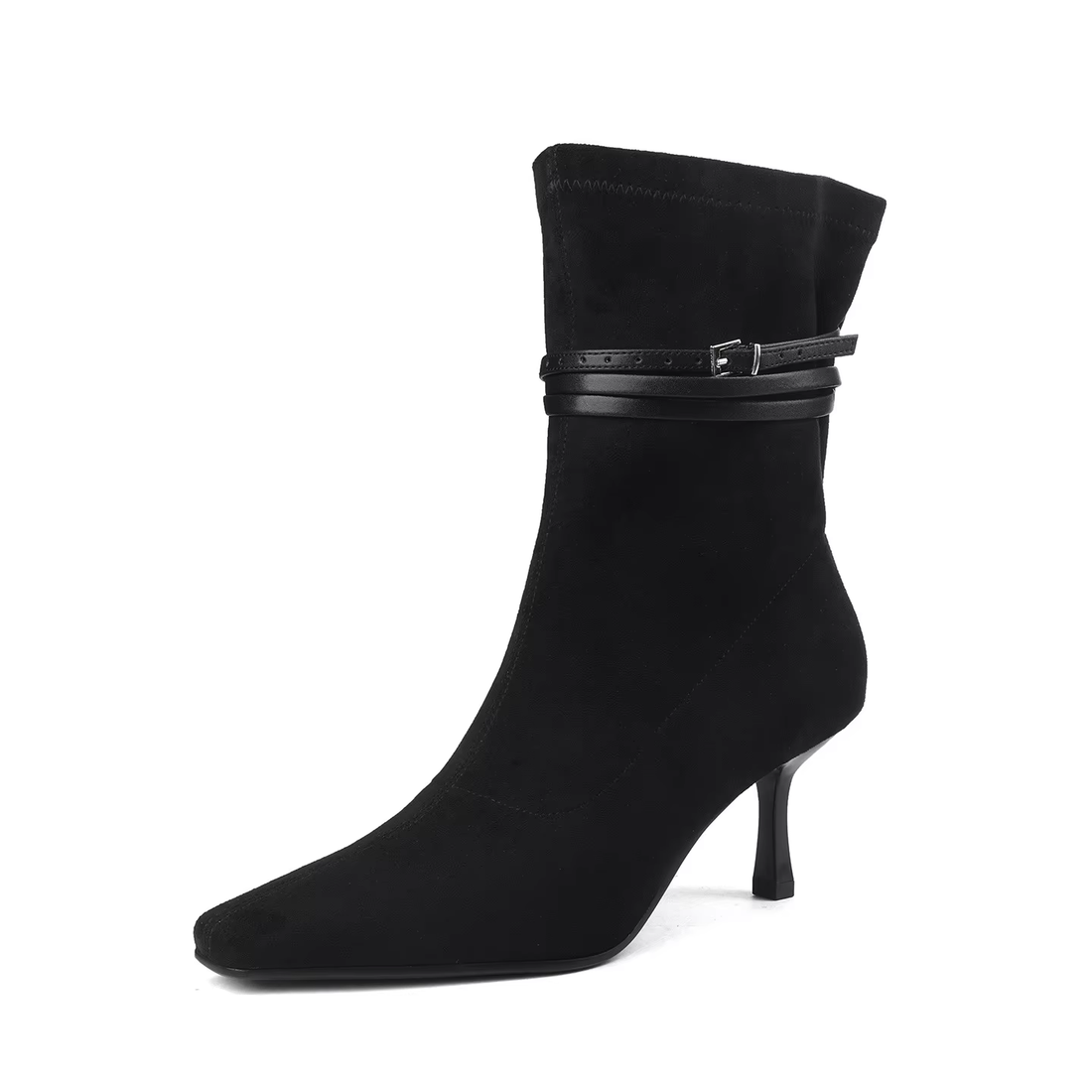 Modern Black Suede Ankle Boots with Buckle Strap – Elegant Women's Square Toe Shoes
