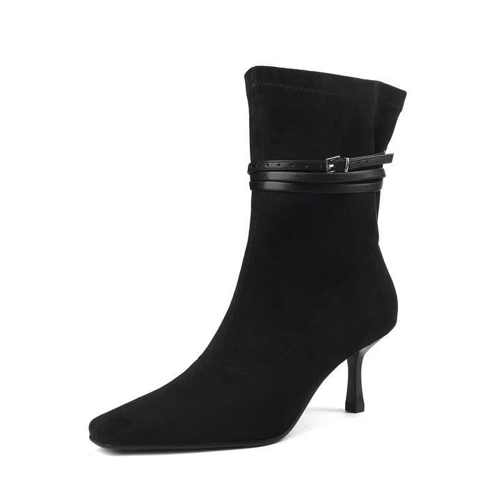 Modern Black Suede Ankle Boots with Buckle Strap – Elegant Women's Square Toe Shoes