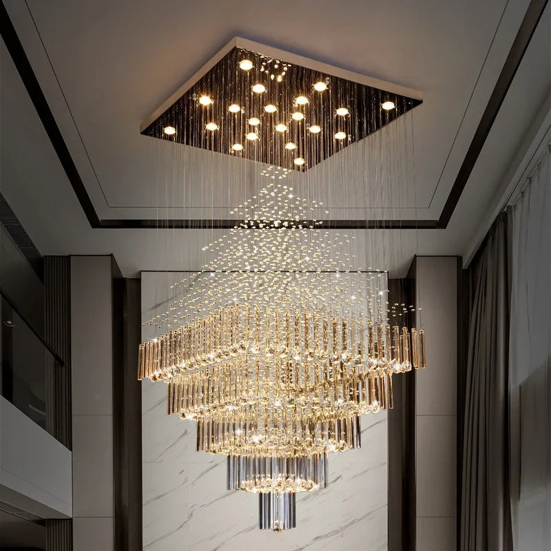 Modern Columnar Crystal LED Chandelier – Luxury Staircase & Living Room Pendant Light
