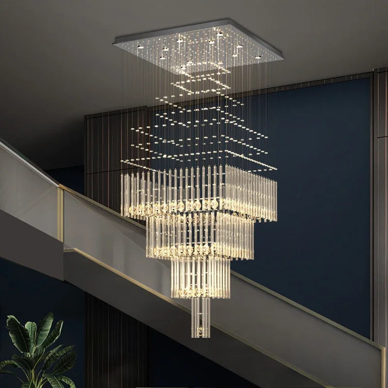 Modern Columnar Crystal LED Chandelier – Luxury Staircase & Living Room Pendant Light