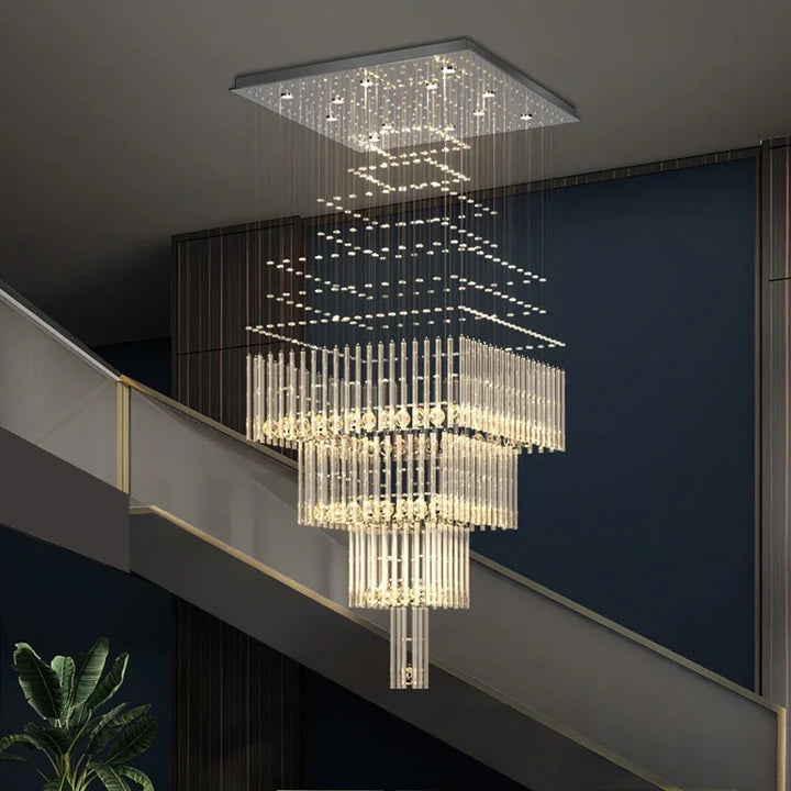 Modern Columnar Crystal LED Chandelier – Luxury Staircase & Living Room Pendant Light