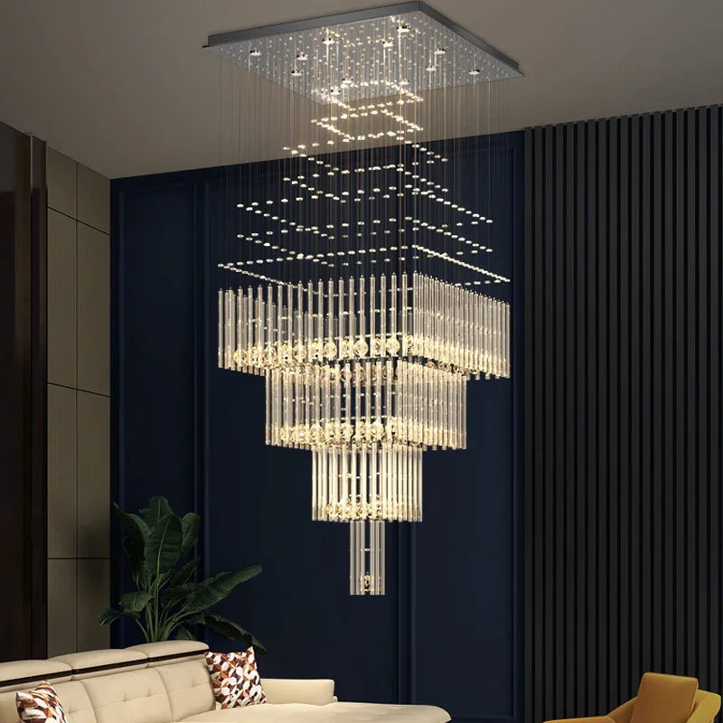 Modern Columnar Crystal LED Chandelier – Luxury Staircase & Living Room Pendant Light