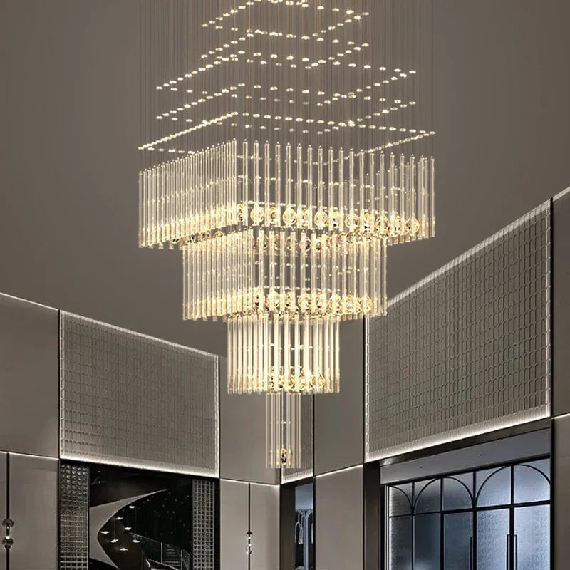 Modern Columnar Crystal LED Chandelier – Luxury Staircase & Living Room Pendant Light