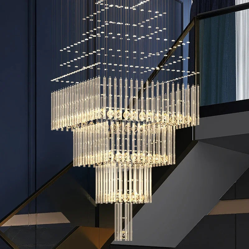 Modern Columnar Crystal LED Chandelier – Luxury Staircase & Living Room Pendant Light