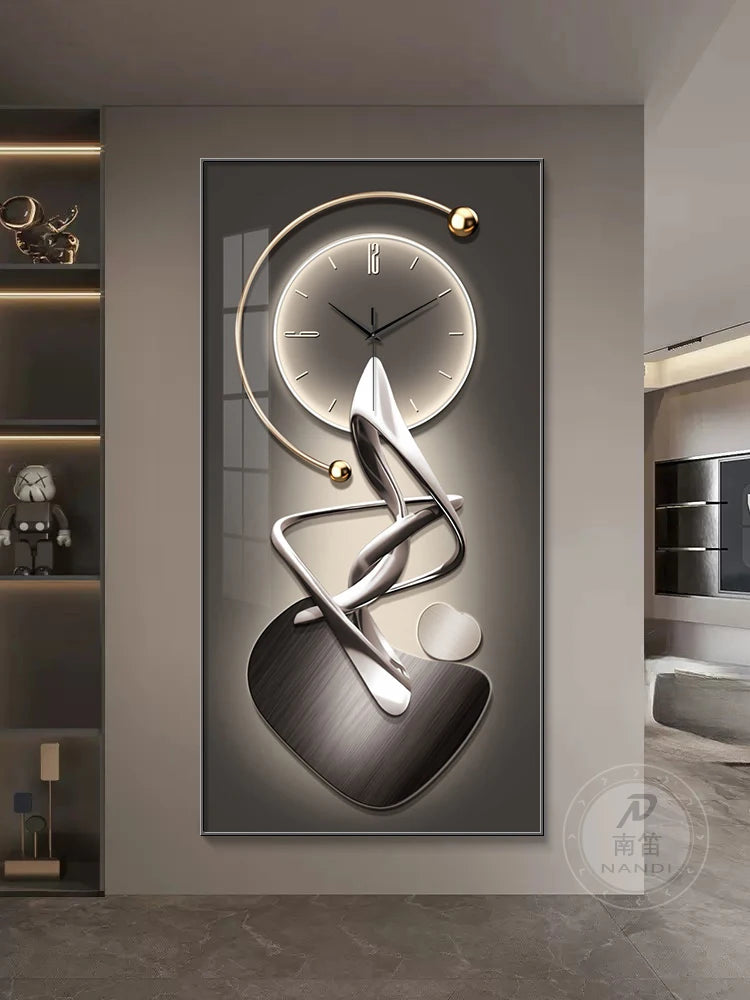 Decorative wall clock with abstract design on a gray wall.
