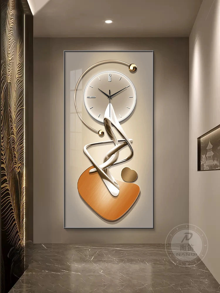 Abstract wall clock with artistic design on a gray wall.