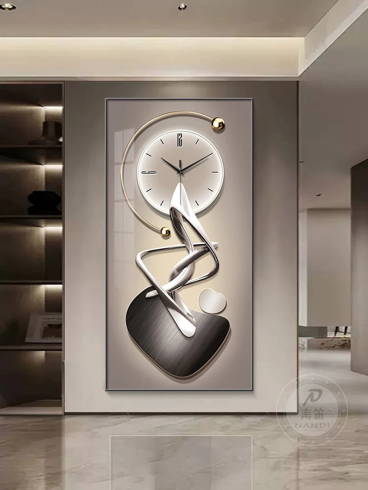 Modern wall clock with abstract design on a gray wall in a stylish interior setting.