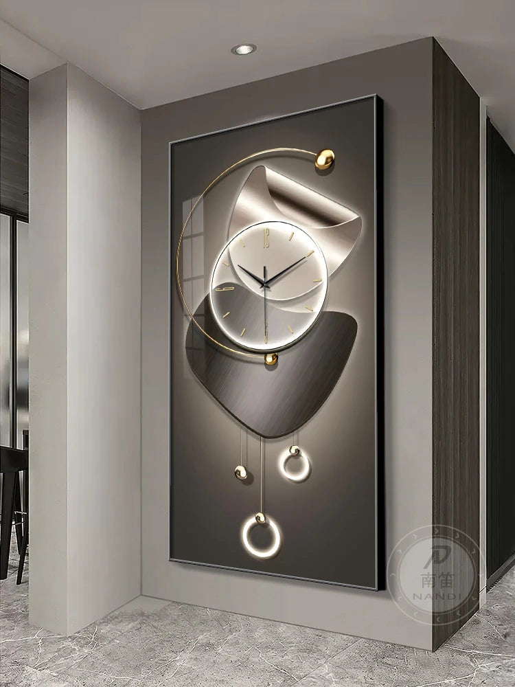 Modern wall clock with decorative design on a gray wall.