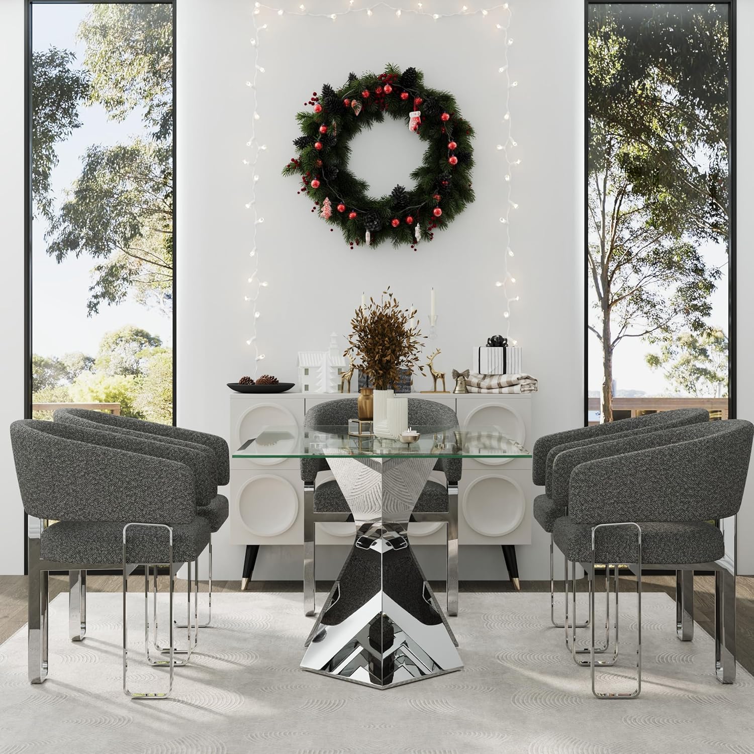 New Dining Chairs Set of 2 – Bouclé Upholstered Barrel Armchairs, Modern Grey Dining Room Accent Chairs