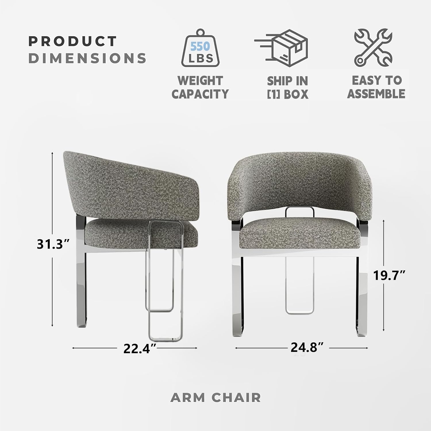 New Dining Chairs Set of 2 – Bouclé Upholstered Barrel Armchairs, Modern Grey Dining Room Accent Chairs